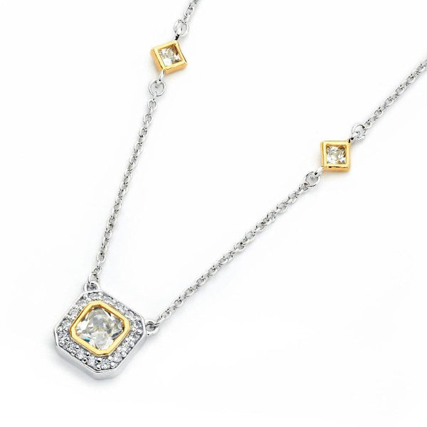 Silver 925 Rhodium Plated Square Clear and Gold CZ Necklace - BGP00817 | Silver Palace Inc.
