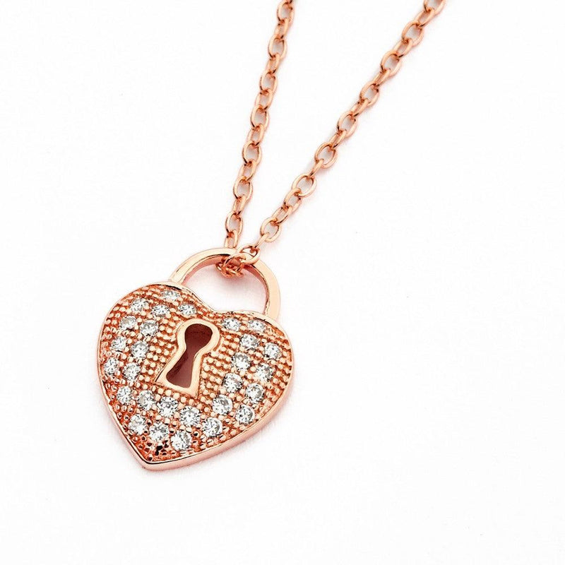 Silver 925 Rose Gold Plated Clear CZ Heart Lock Pendant Necklace - BGP00824RGP | Silver Palace Inc.