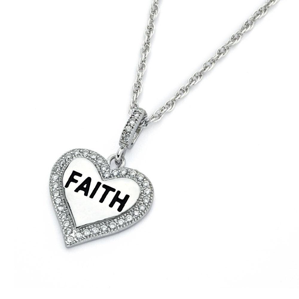 Silver 925 Rhodium Plated Clear CZ Faith Heart Pendant Necklace - STP01361 | Silver Palace Inc.