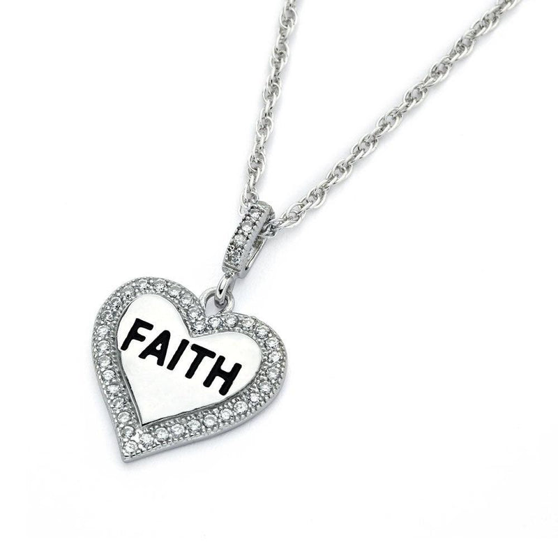 Silver 925 Rhodium Plated Clear CZ Faith Heart Pendant Necklace - STP01361 | Silver Palace Inc.