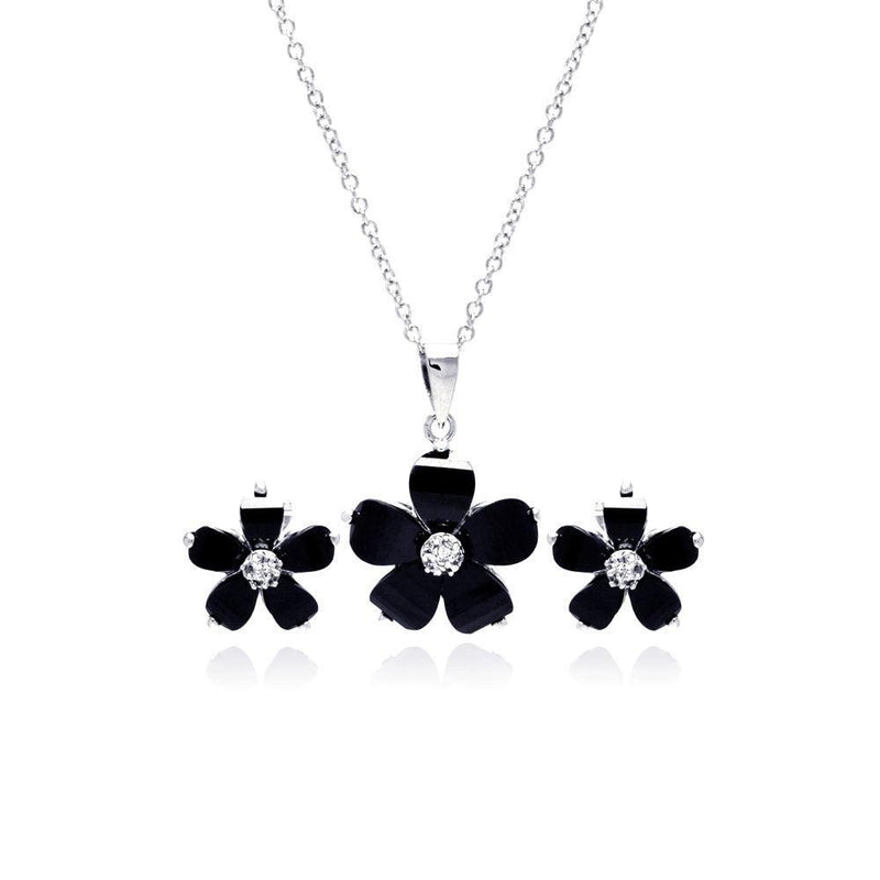 Silver 925 Rhodium Plated Black Flower and Clear CZ Stud Earring and Dangling Necklace Set - BGS00008 | Silver Palace Inc.