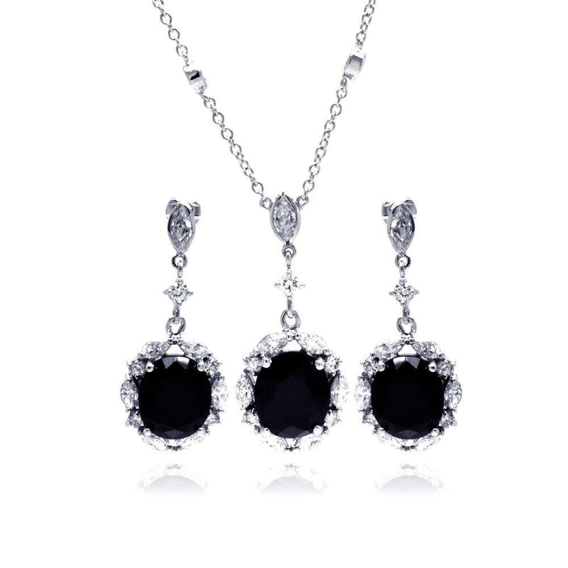 Silver 925 Rhodium Plated Black and Clear Flower CZ Dangling Stud Earring and Dangling Necklace Set - BGS00015 | Silver Palace Inc.