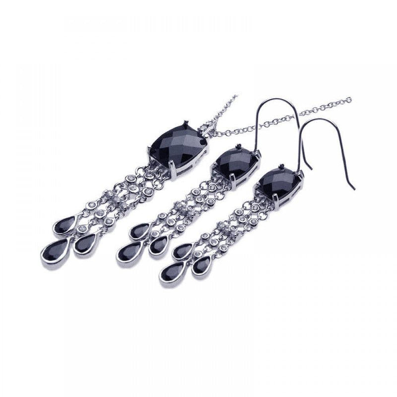 Closeout-Silver 925 Rhodium Plated Black and Clear Rectangle Tear Drop CZ Dangling Hook Earring and Dangling Necklace Set - BGS00029 | Silver Palace Inc.