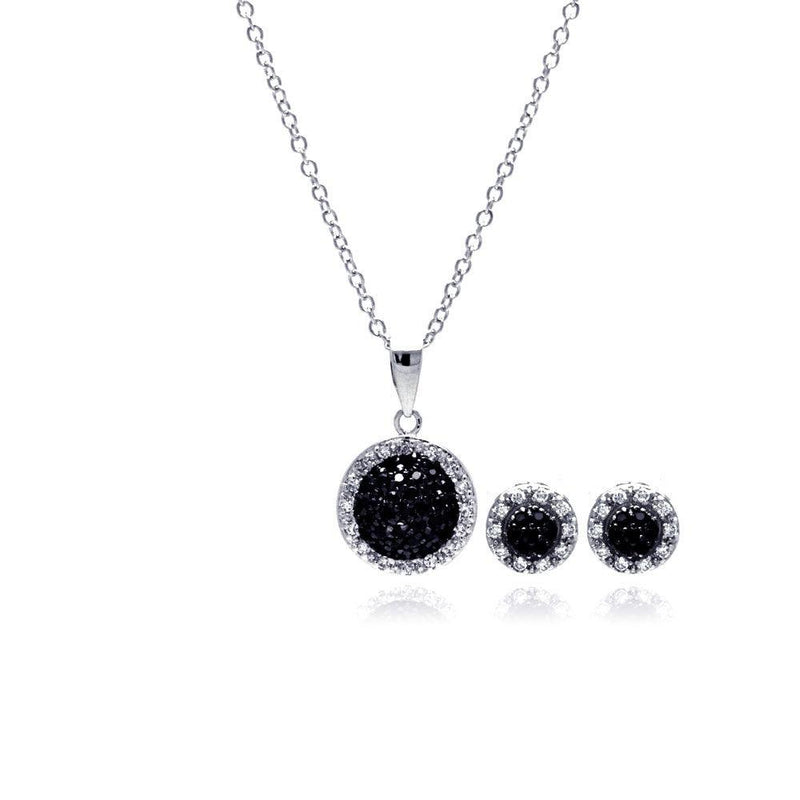 Silver 925 Rhodium and Black Plated Clear and Black Round Circle CZ Set - BGS00032 | Silver Palace Inc.