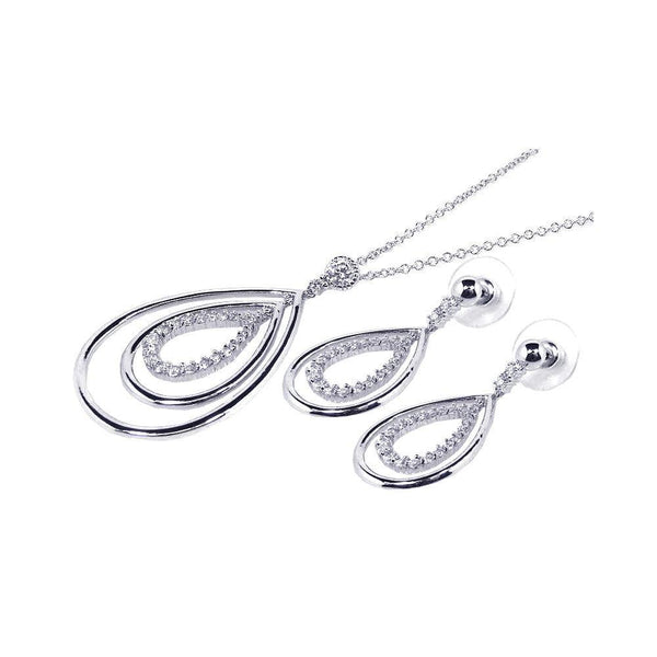 Silver 925 Rhodium Plated Clear Open Tear Drop CZ Dangling Stud Earring and Dangling Necklace Set - BGS00033 | Silver Palace Inc.