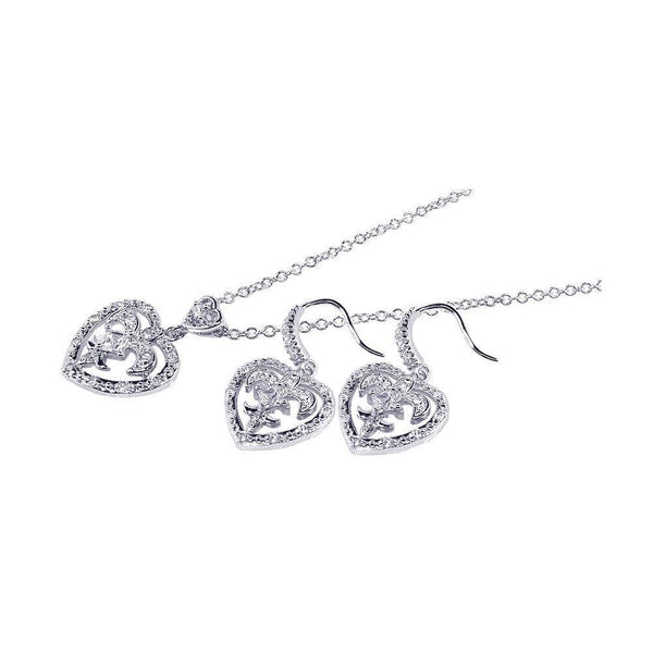 Silver 925 Rhodium Plated Clear Heart Crest CZ Hook Earring and Dangling Necklace Set - BGS00036 | Silver Palace Inc.