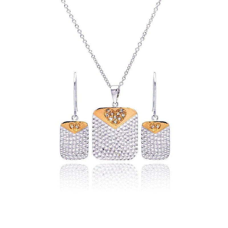 Closeout-Silver 925 Rhodium and Gold Plated Clear Heart Dog Tag CZ Dangling Stud Earring and Necklace Set - BGS00040 | Silver Palace Inc.