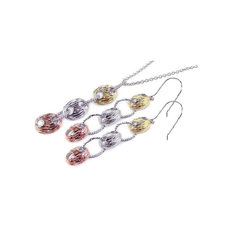Closeout-Silver 925 Rhodium Gold Rose Gold Plated Multi Tone Dangling Hook Earring and Dangling Necklace Set - BGS00046 | Silver Palace Inc.