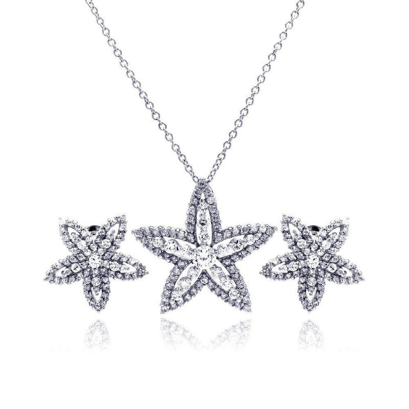 Silver 925 Rhodium Plated Clear Star Flower CZ Stud Earring and Necklace Set - BGS00049 | Silver Palace Inc.