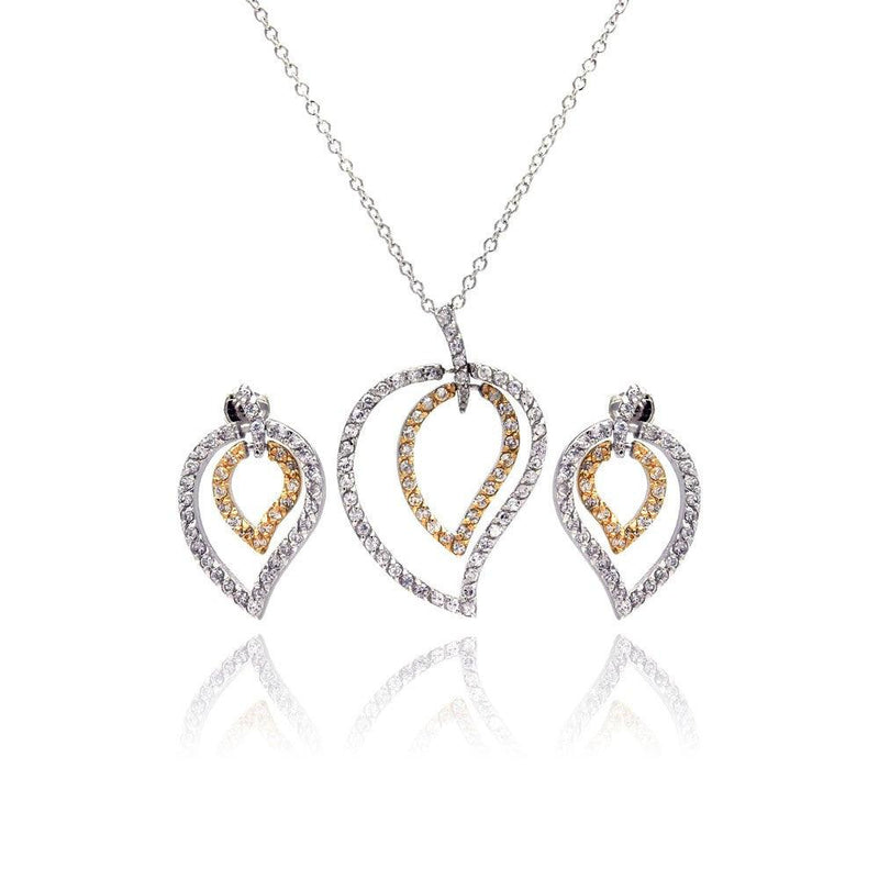 Closeout-Silver 925 Rhodium and Gold Plated Clear Open Leaf CZ Stud Earring and Dangling Necklace Set - BGS00050 | Silver Palace Inc.