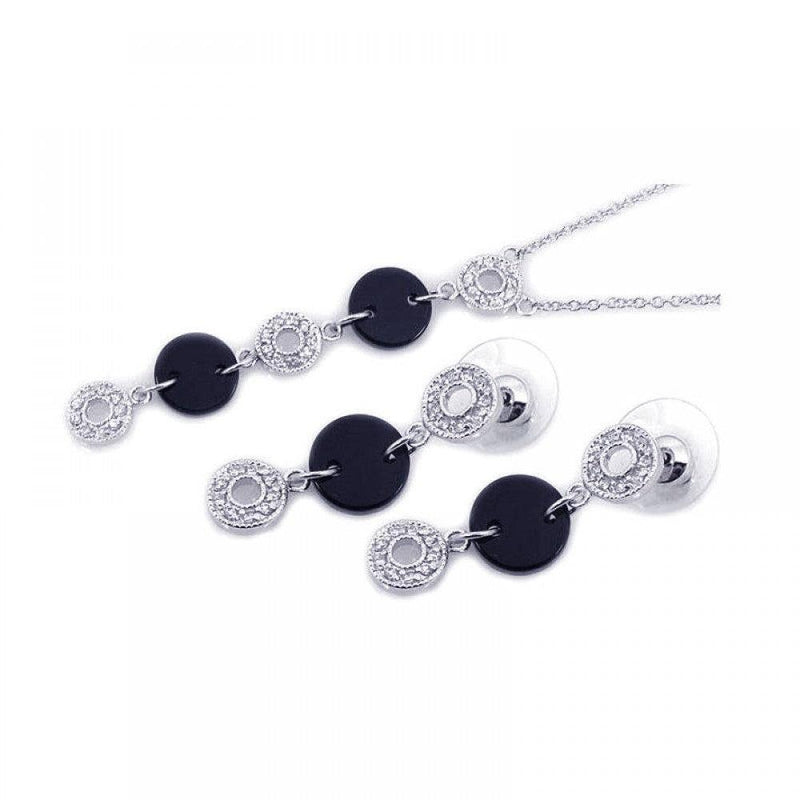 Closeout-Silver 925 Rhodium Plated Black Round Open Circle Clear CZ Dangling Set - BGS00058 | Silver Palace Inc.