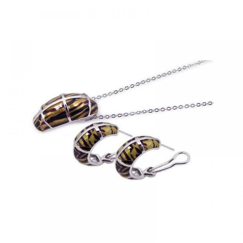 Closeout-Silver 925 Rhodium Plated Brown Zebra Stripe Print French Clip Earring and Necklace Set - BGS00062 | Silver Palace Inc.