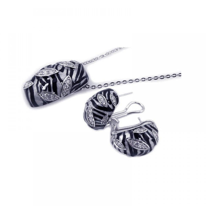 Closeout-Silver 925 Rhodium Plated Zebra Stripe Print Clear CZ French Clip Earring and Necklace Set - BGS00063 | Silver Palace Inc.