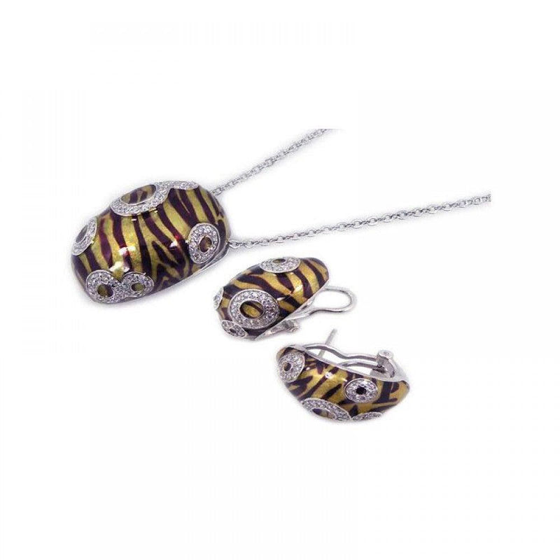 Closeout-Silver 925 Rhodium Plated Brown Zebra Stripe Print Clear CZ French Clip Earring and Necklace Set - BGS00065 | Silver Palace Inc.