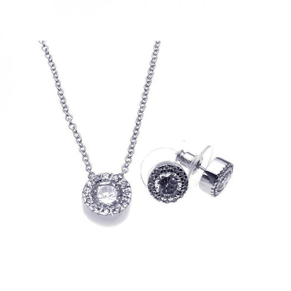 Silver 925 Rhodium Plated Clear Round Pave Set CZ Stud Earring and Necklace Set - BGS00081 | Silver Palace Inc.