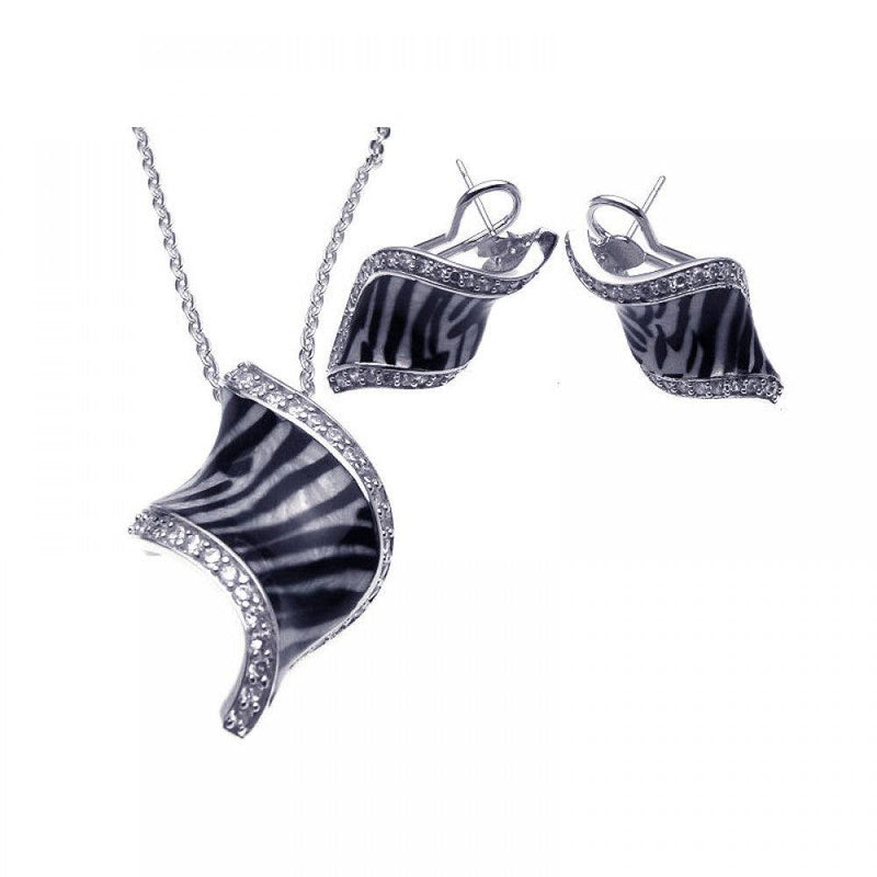 Closeout-Silver 925 Rhodium Plated Zebra Stripe Print Clear Curl CZ French Clip Earring and Necklace Set - BGS00085 | Silver Palace Inc.
