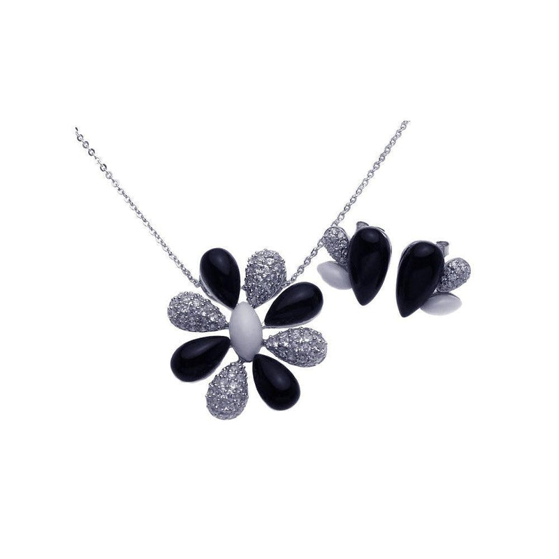 Closeout-Silver 925 Rhodium Plated Black Onyx White Enamel Clear Flower CZ Stud Earring and Necklace Set - BGS00088 | Silver Palace Inc.