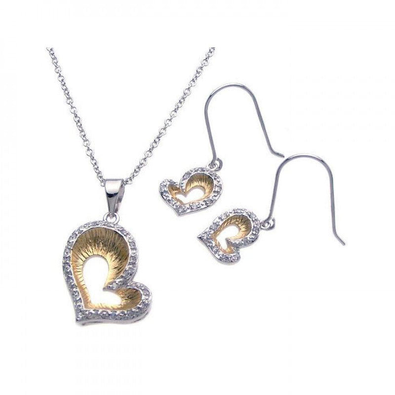 Closeout-Silver 925 Rhodium and Gold Plated Open Heart Clear Border CZ Hook Earring and Dangling Necklace Set - BGS00089 | Silver Palace Inc.