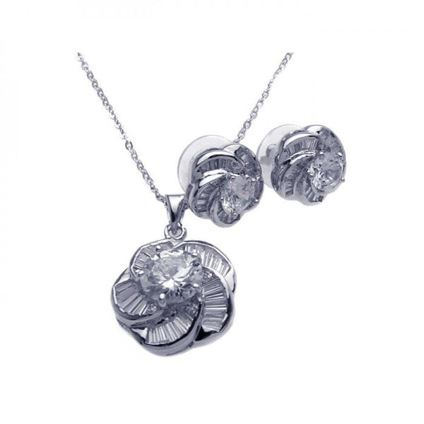 Silver 925 Rhodium Plated Clear Baguette Spiral Flower CZ Stud Earring and Necklace Set - BGS00093 | Silver Palace Inc.