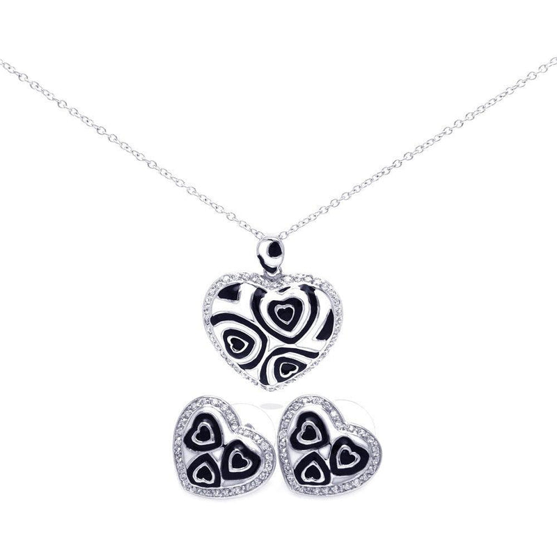 Closeout-Silver 925 Rhodium Plated Black and White Enamel Hear Clear CZ Stud Earring and Necklace Set - BGS00108 | Silver Palace Inc.