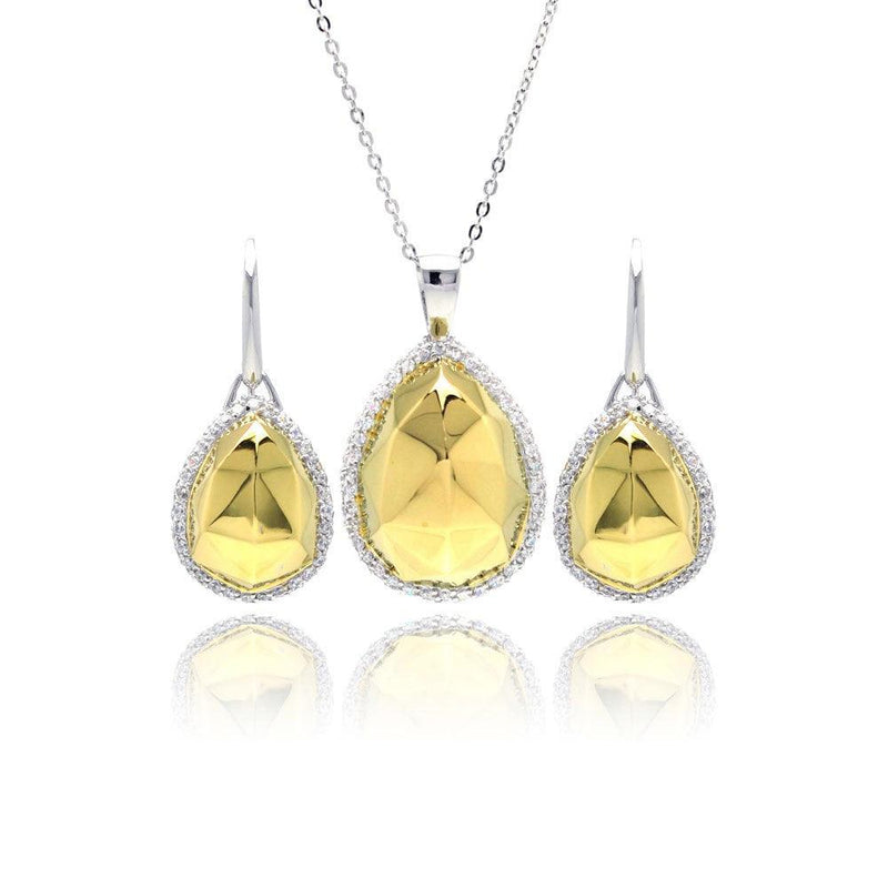 Closeout-Silver 925 Rhodium and Gold Plated Clear Hammered Teardrop CZ Leverback Earring and Necklace Set - BGS00127 | Silver Palace Inc.