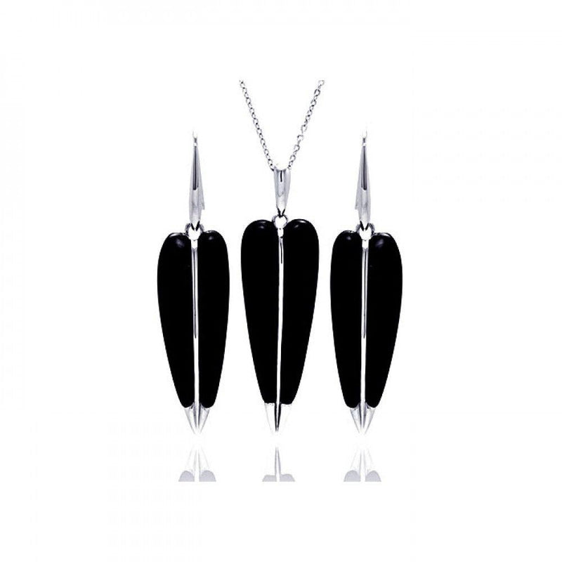 Closeout-Silver 925 Rhodium Plated Pointed Black Onyx Hook Earring and Necklace Set - BGS00133 | Silver Palace Inc.