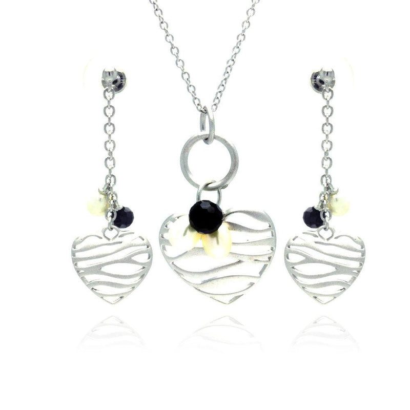 Closeout-Silver 925 Rhodium Plated Open Stripe Heart Fresh Water Pearl Black CZ Dangling Matching Set - BGS00137 | Silver Palace Inc.