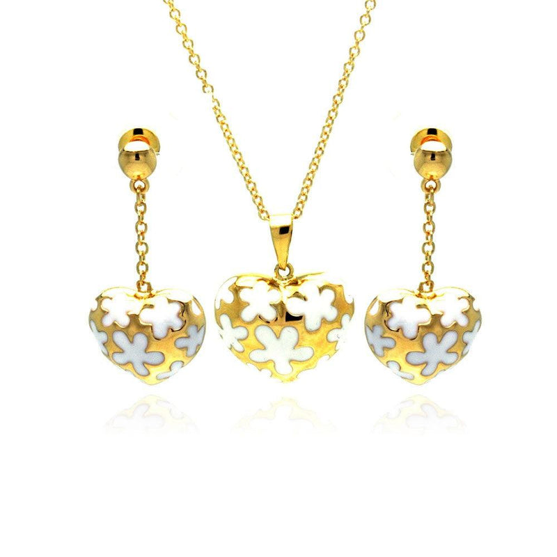 Closeout-Silver 925 Gold Plated White Enamel Flower Heart CZ Dangling Stud Earring and Necklace Set - BGS00139 | Silver Palace Inc.