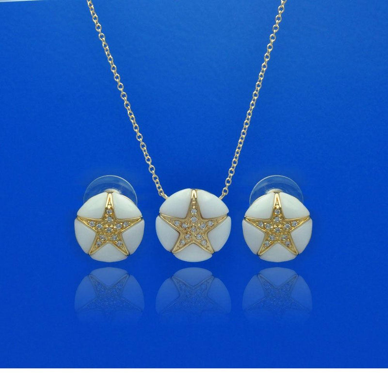 Closeout-Silver 925 Gold Plated White Onyx Clear Star CZ Stud Earring and Necklace Set - BGS00141 | Silver Palace Inc.