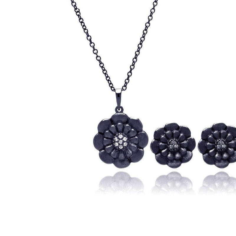 Closeout-Silver 925 Black Rhodium Plated Flower Clear CZ Stud Earring and Necklace Set - BGS00145 | Silver Palace Inc.