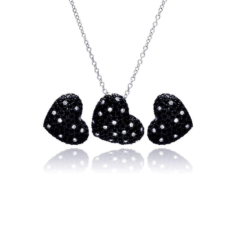 Closeout-Silver 925 Black Rhodium Plated Clear and Black Pave Set Heart CZ Stud Earring and Necklace Set - BGS00148 | Silver Palace Inc.
