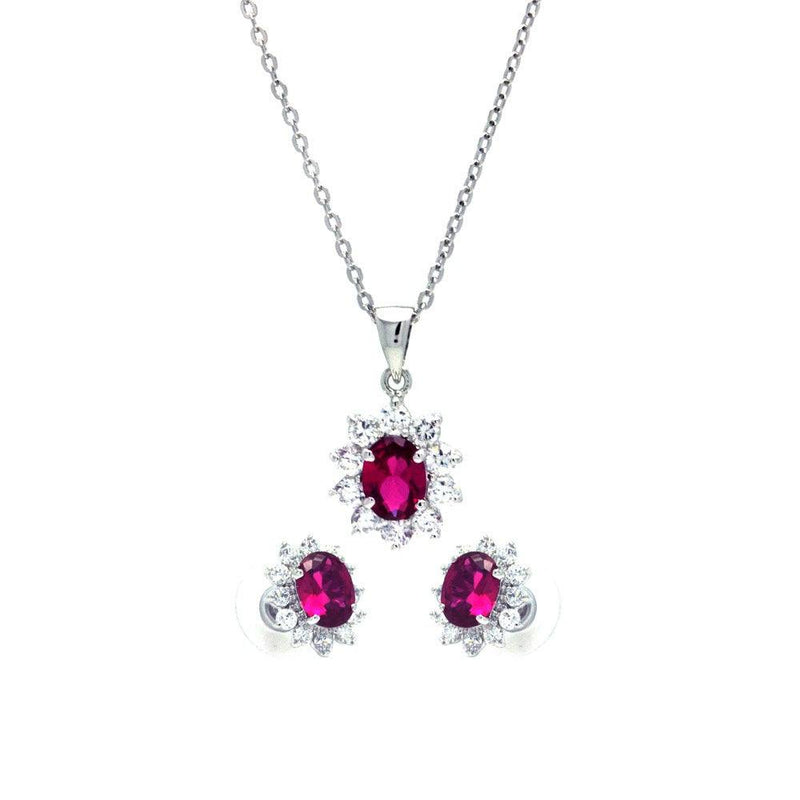 Silver 925 Rhodium Plated Red and Clear Cluster Flower CZ Stud Earring and Dangling Necklace Set - BGS00159 | Silver Palace Inc.