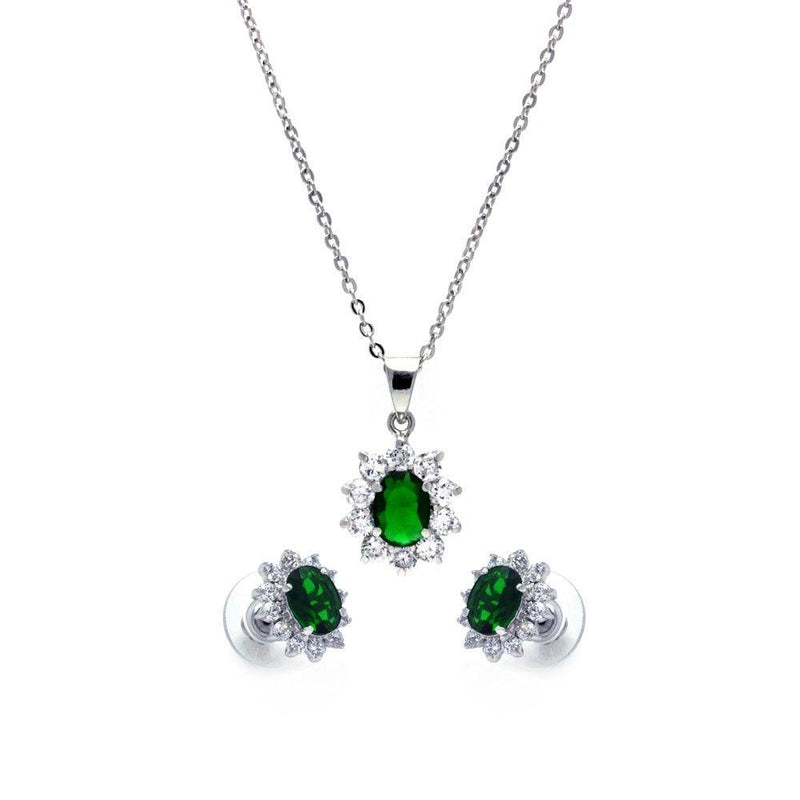 Silver 925 Rhodium Plated Green and Clear Cluster Flower CZ Stud Earring and Dangling Necklace Set - BGS00162 | Silver Palace Inc.