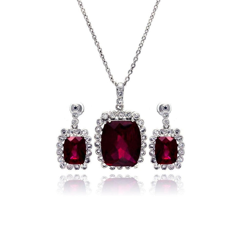 Silver 925 Rhodium Plated Red and Clear Rectangular CZ Dangling Stud Earring and Dangling Necklace Set - BGS00163 | Silver Palace Inc.