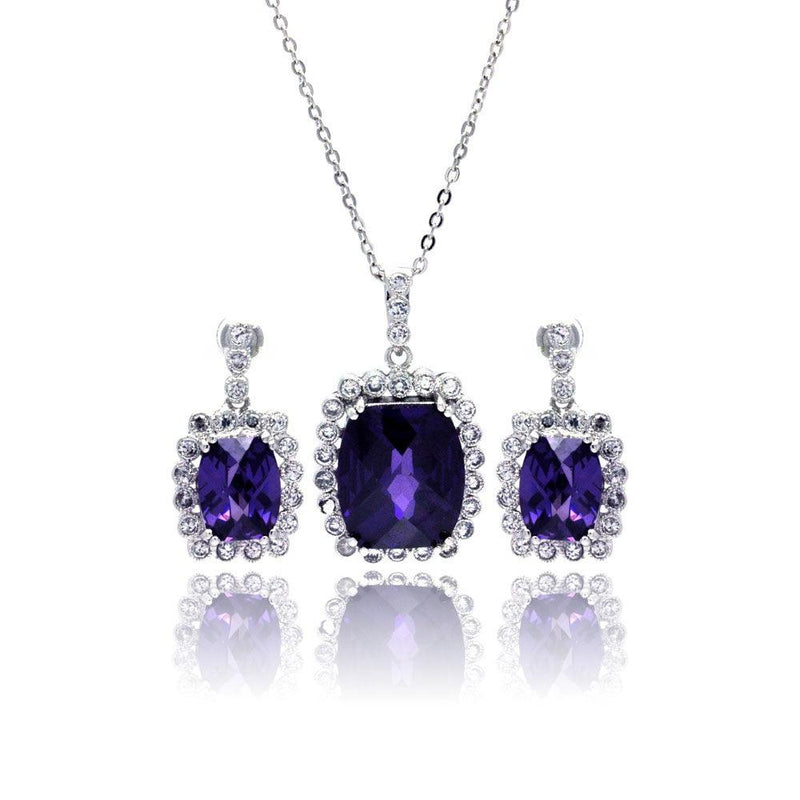 Silver 925 Rhodium Plated Purple and Clear Rectangular CZ Dangling Stud Earring and Necklace Set - BGS00164 | Silver Palace Inc.