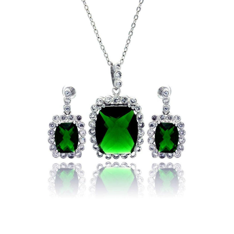 Silver 925 Rhodium Plated Green and Clear Rectangular CZ Dangling Stud Earring and Necklace Set - BGS00166 | Silver Palace Inc.