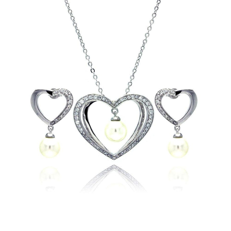 Silver 925 Rhodium Plated Hanging Pearl Open Heart Clear CZ Stud Earring and Necklace Set - BGS00167 | Silver Palace Inc.