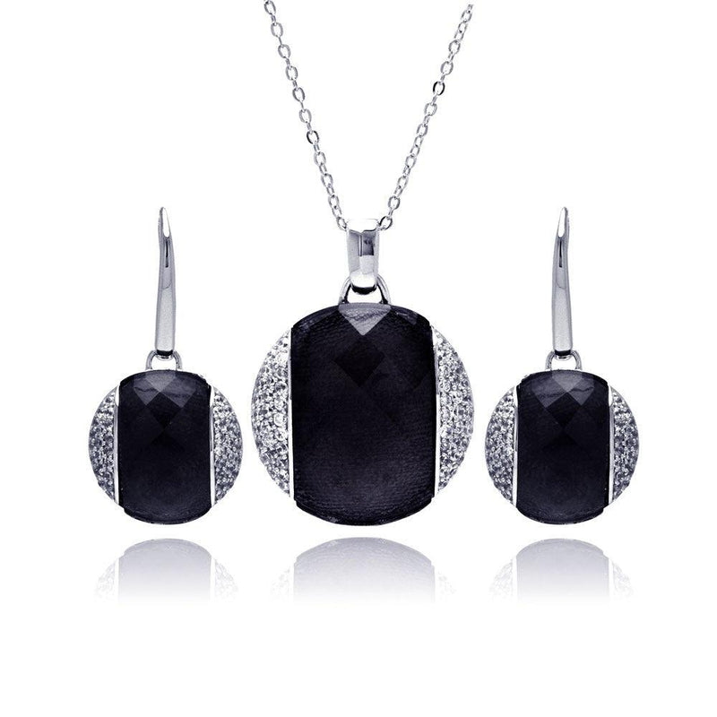 Closeout-Silver 925 Rhodium Plated Black Onyx Clear Disc CZ Leverback Earring and Necklace Set - BGS00168 | Silver Palace Inc.