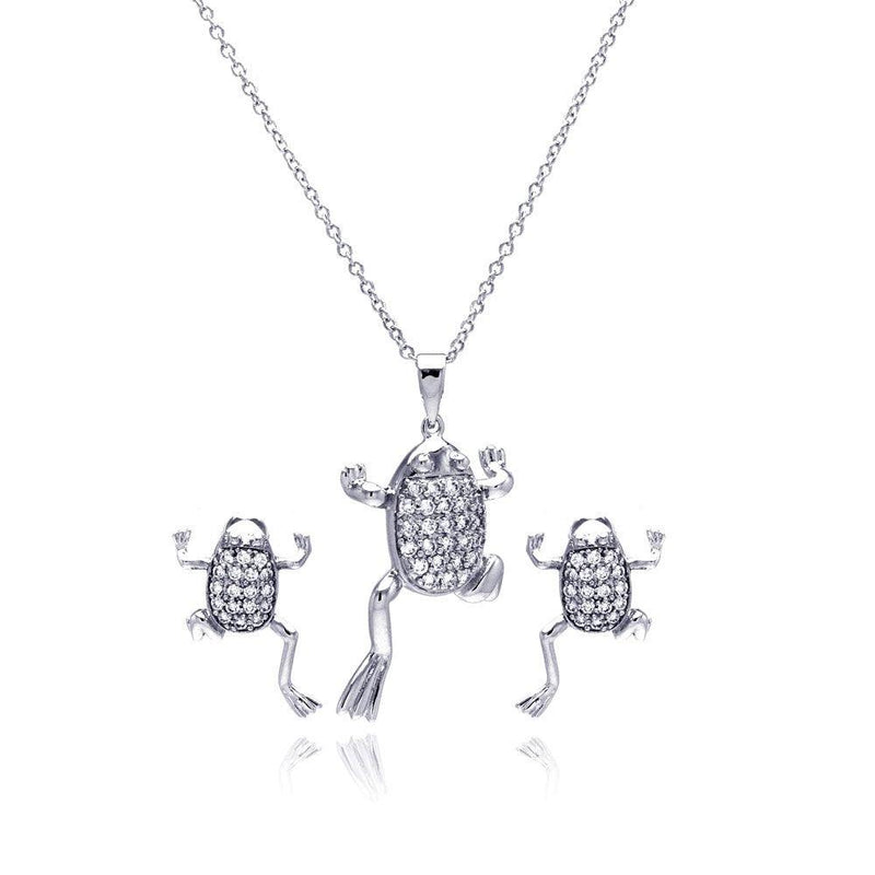 Silver 925 Rhodium Plated Clear Climbing Frog CZ Stud Earring and Necklace Set - BGS00173 | Silver Palace Inc.