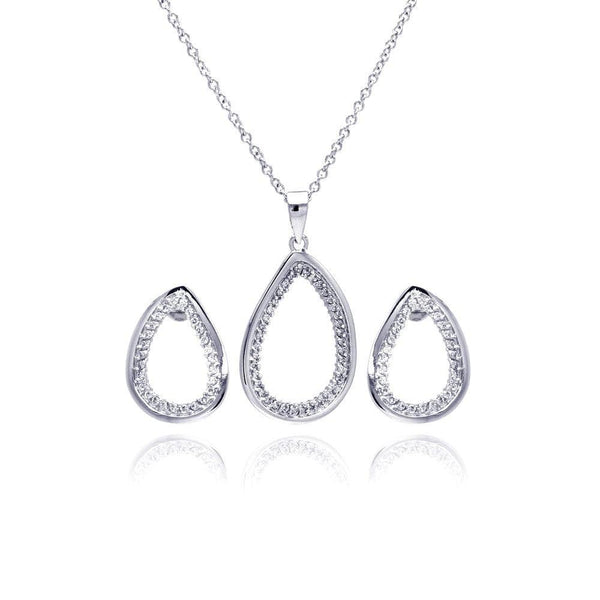 Silver 925 Rhodium Plated Clear Open Teardrop CZ Stud Earring and Necklace Set - BGS00175 | Silver Palace Inc.