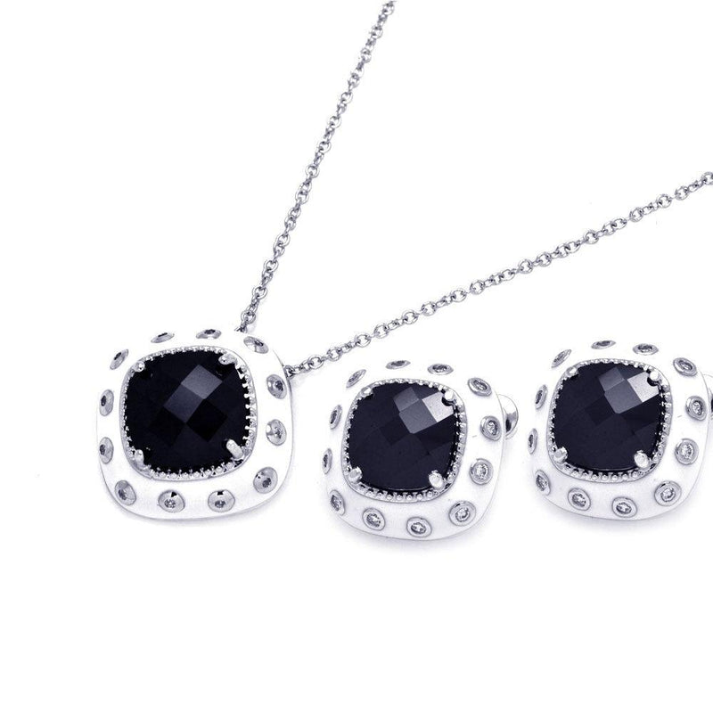 Closeout-Silver 925 Rhodium Plated White Enamel Black and Clear Square CZ Stud Earring and Necklace Set - BGS00176 | Silver Palace Inc.