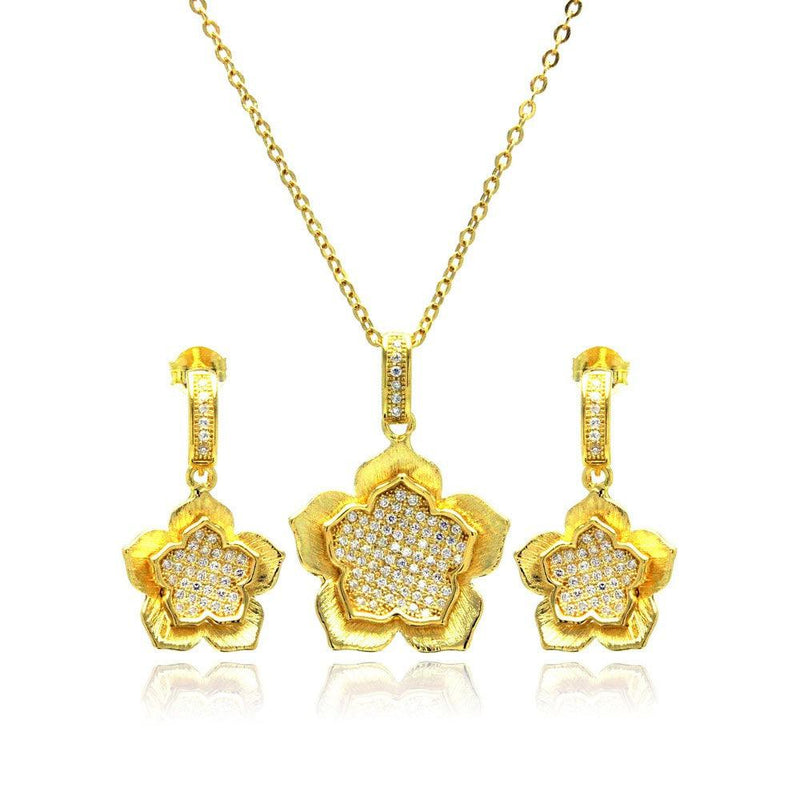 Silver 925 Gold Plated Clear Flower CZ Hanging Stud Earring and Necklace Set - BGS00177 | Silver Palace Inc.
