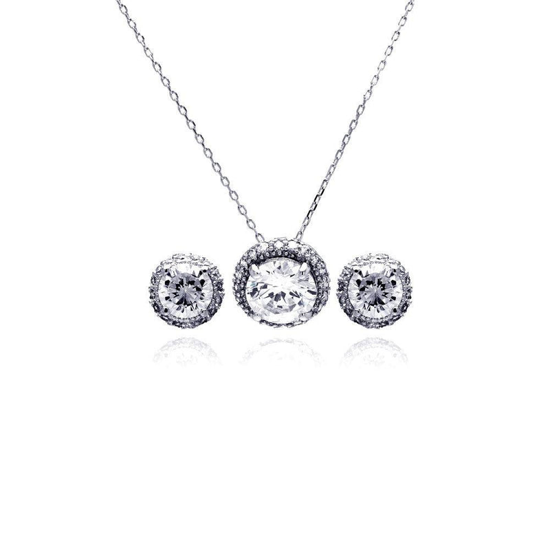Silver 925 Rhodium Plated Clear Round Circle CZ Stud Earring and Necklace Set - BGS00183 | Silver Palace Inc.