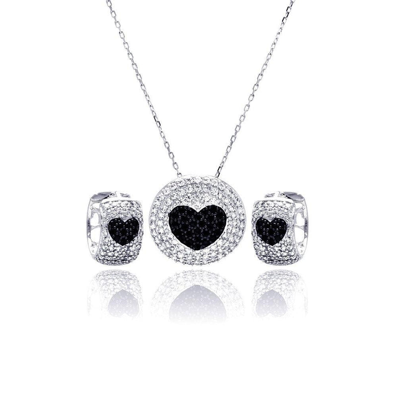 Silver 925 Rhodium and Black Rhodium Plated Clear and Black Heart Disc Rectangle CZ Set - BGS00214 | Silver Palace Inc.