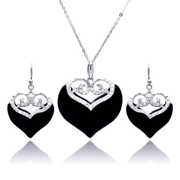 Closeout-Silver 925 Rhodium Plated Black Onyx Clear Double Heart CZ Hook Earring and Necklace Set - BGS00219 | Silver Palace Inc.