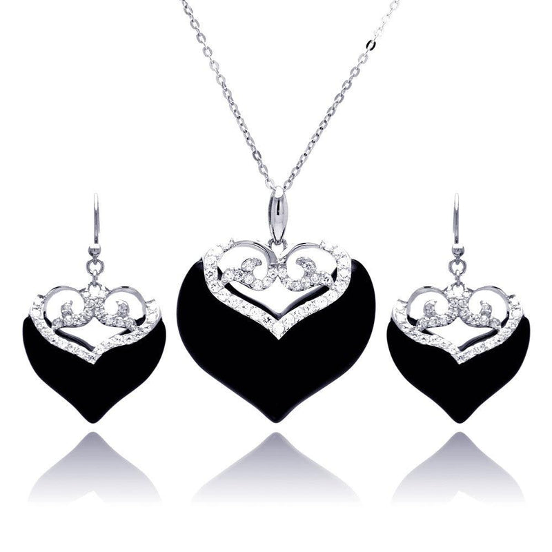 Closeout-Silver 925 Rhodium Plated Black Onyx Clear Double Heart CZ Hook Earring and Necklace Set - BGS00219 | Silver Palace Inc.