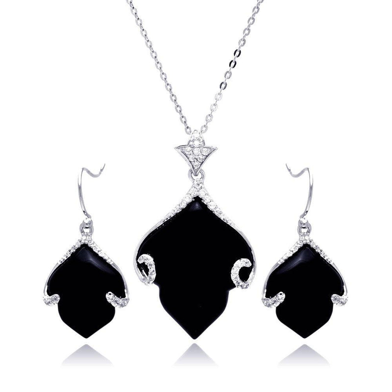 Closeout-Silver 925 Rhodium Plated Black Onyx Leaf Clear CZ Hook Earring and Dangling Necklace Set - BGS00220 | Silver Palace Inc.