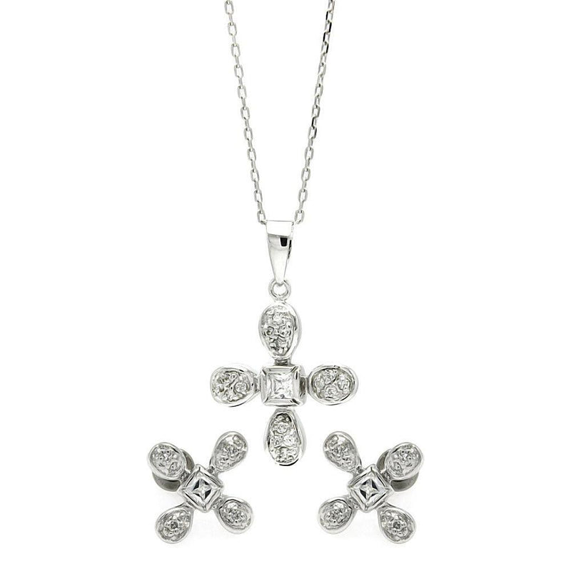 Silver 925 Rhodium Plated Clear Flower CZ Stud Earring and Necklace Set - BGS00223 | Silver Palace Inc.