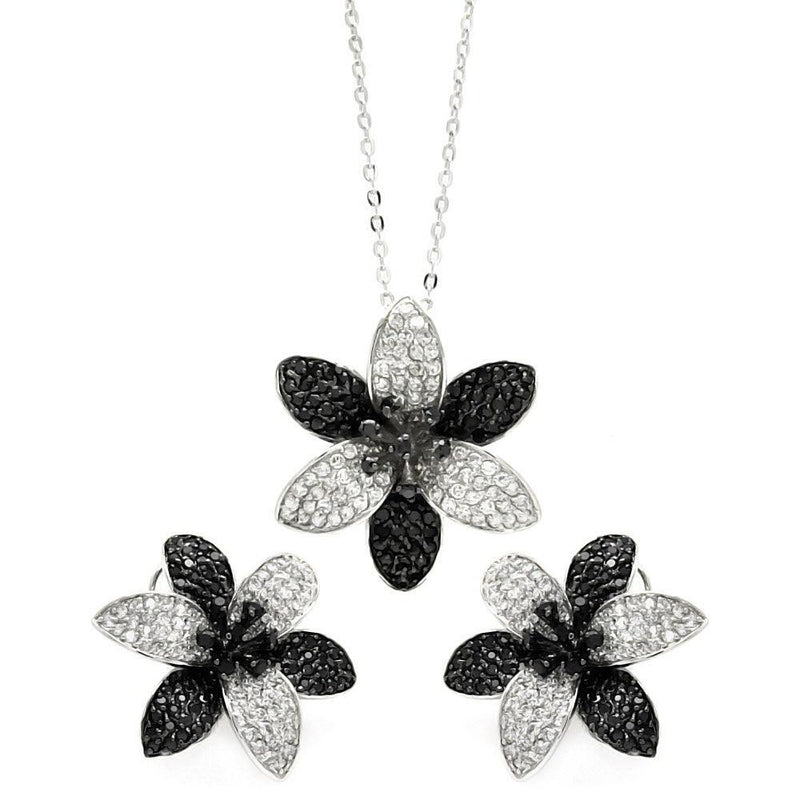 Closeout-Silver 925 Rhodium and Black Rhodium Plated Black and Clear Pave Set Flower CZ Stud Earring and Necklace Set - BGS00237 | Silver Palace Inc.