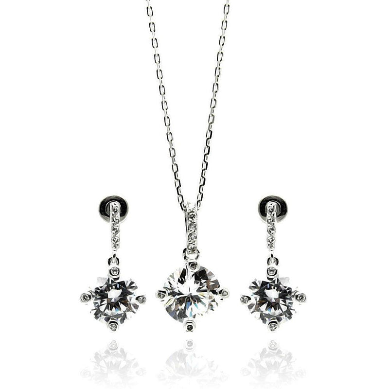 Silver 925 Rhodium Plated Clear Round CZ Dangling Stud Earring and Necklace Set - BGS00241 | Silver Palace Inc.